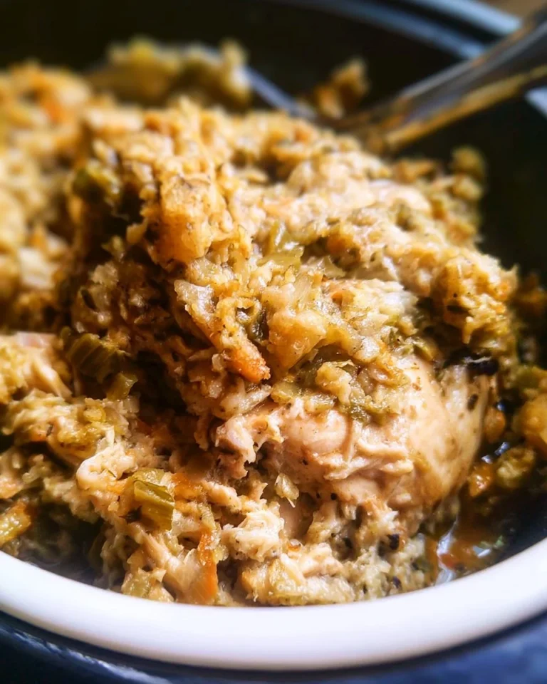 Delicious slow cooker chicken and stuffing served with green beans on a plate
