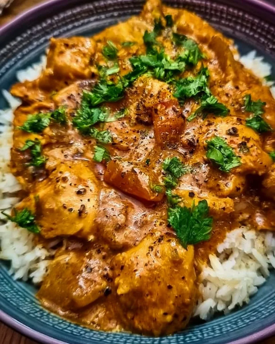 Slow cooker chicken curry simmering in a pot, ready to serve.