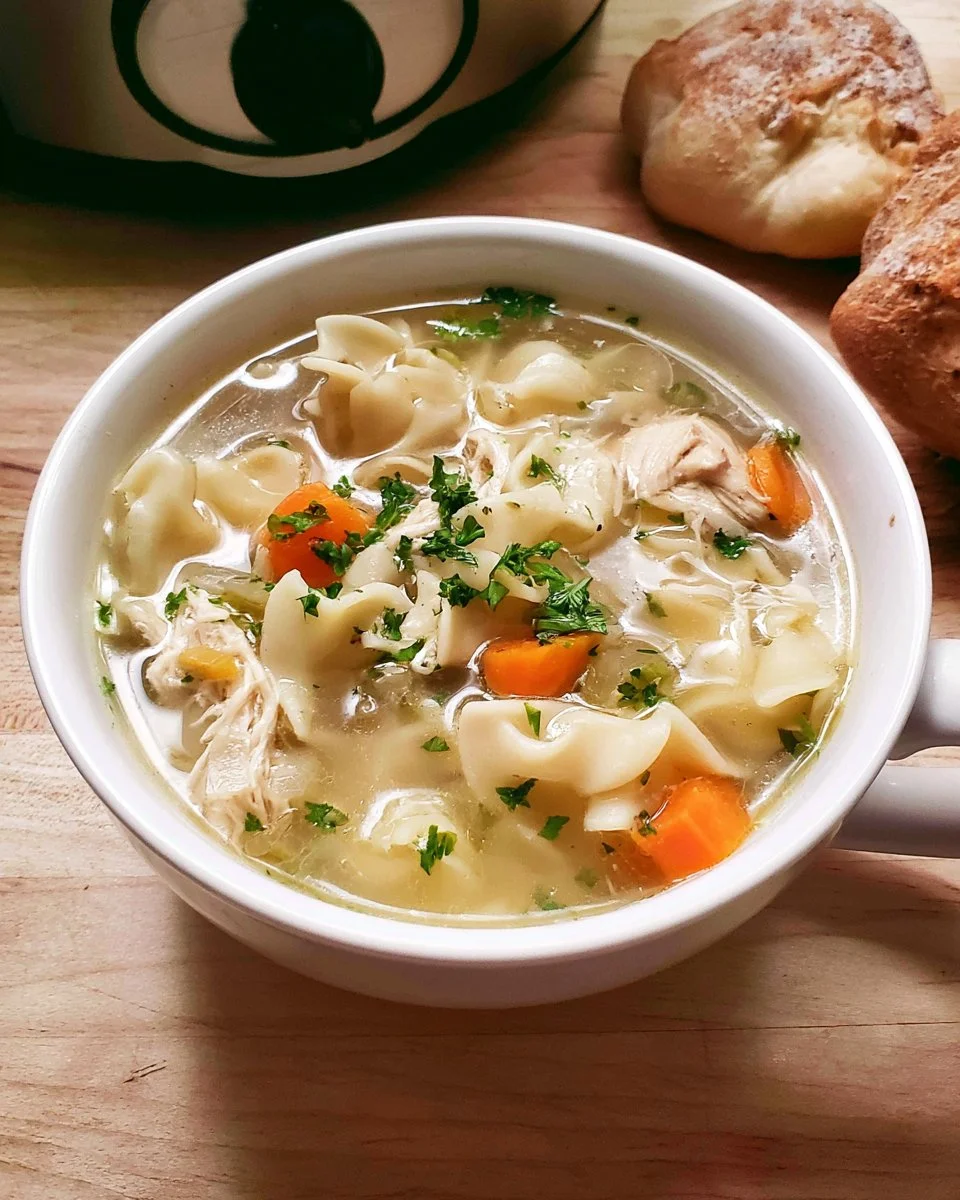 Bowl of slow cooker chicken noodle soup with fresh herbs and vegetables
