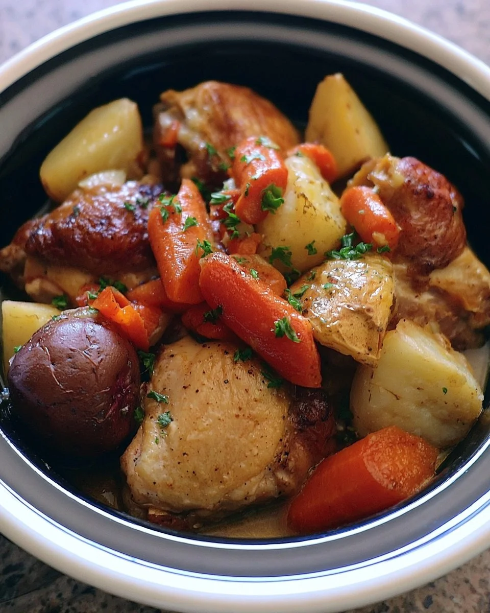 Slow cooker chicken thighs served with potatoes and carrots