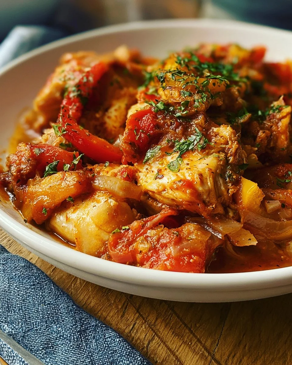 Delicious slow cooker chicken with peppers served on a plate.