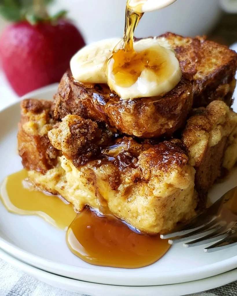 Delicious slow cooker French toast casserole topped with syrup and berries.