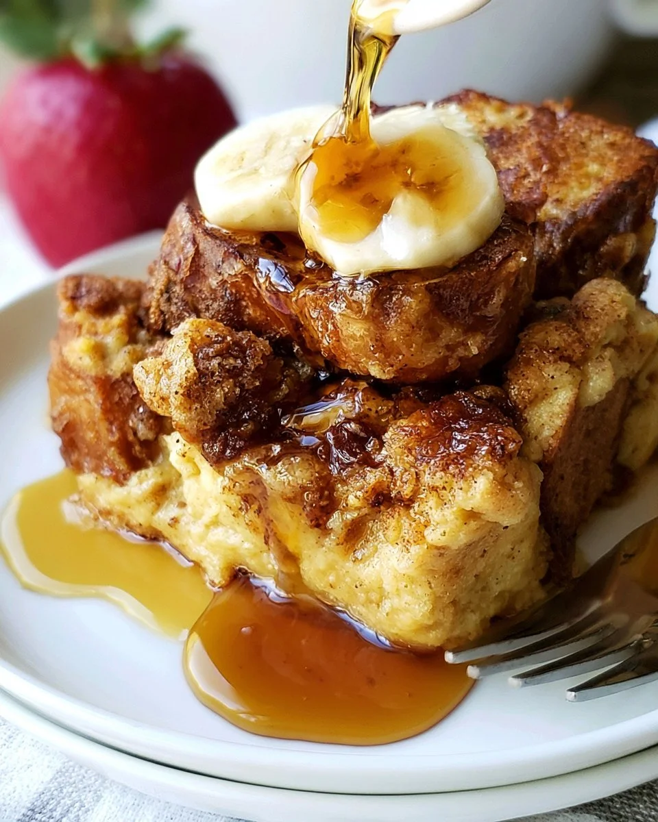 Delicious slow cooker French toast casserole topped with syrup and berries.