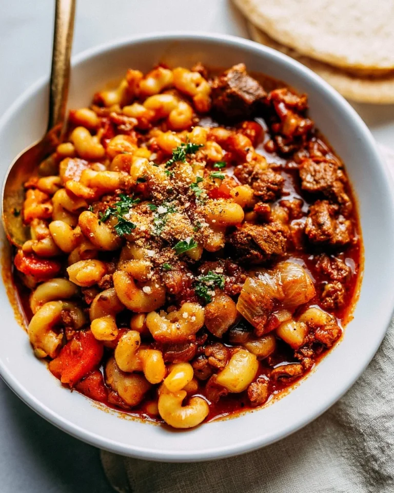 Slow cooker goulash recipe with ingredients in a cozy kitchen setting.