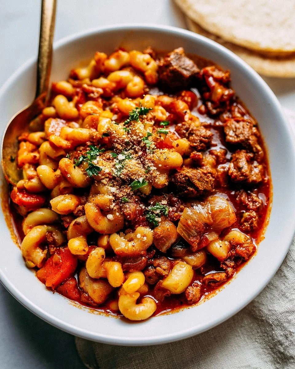 Slow cooker goulash recipe with ingredients in a cozy kitchen setting.