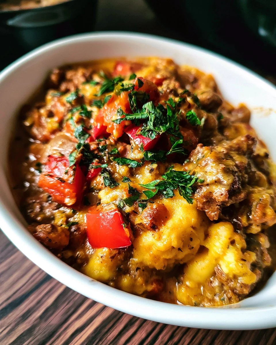 Delicious slow cooker ground beef casserole topped with cheese and vegetables.
