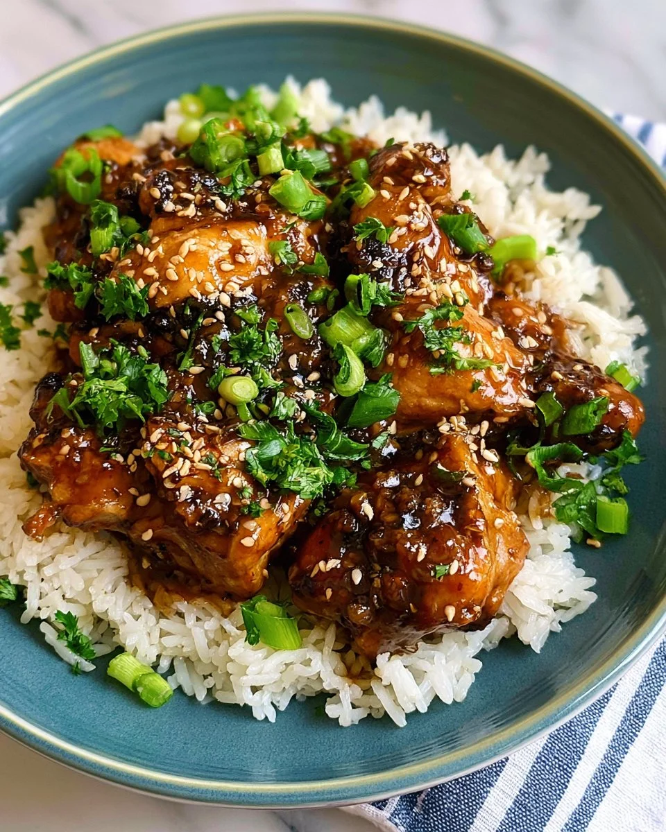 Slow Cooker Honey Garlic Chicken served with rice and vegetables