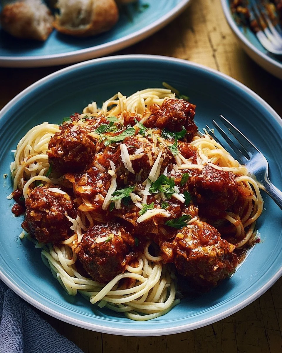 Slow Cooker Meatball Pasta served in a bowl with herbs