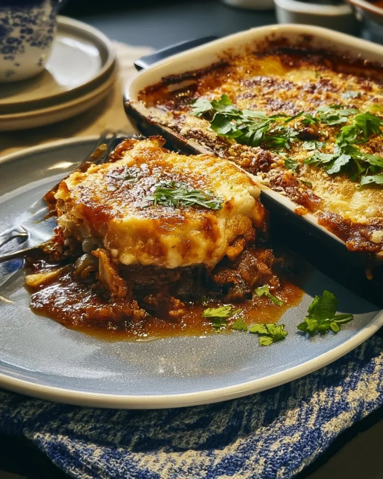 Delicious slow cooker moussaka topped with creamy béchamel sauce