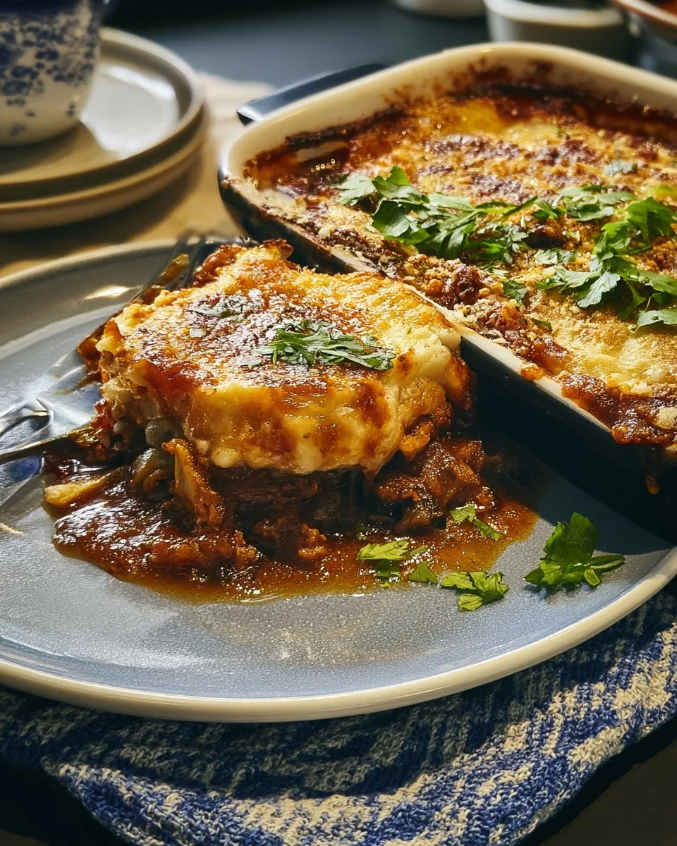 Delicious slow cooker moussaka topped with creamy béchamel sauce