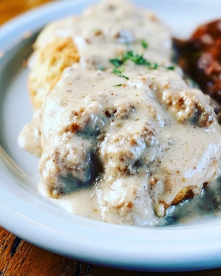Bowl of slow cooker sausage gravy served over biscuits