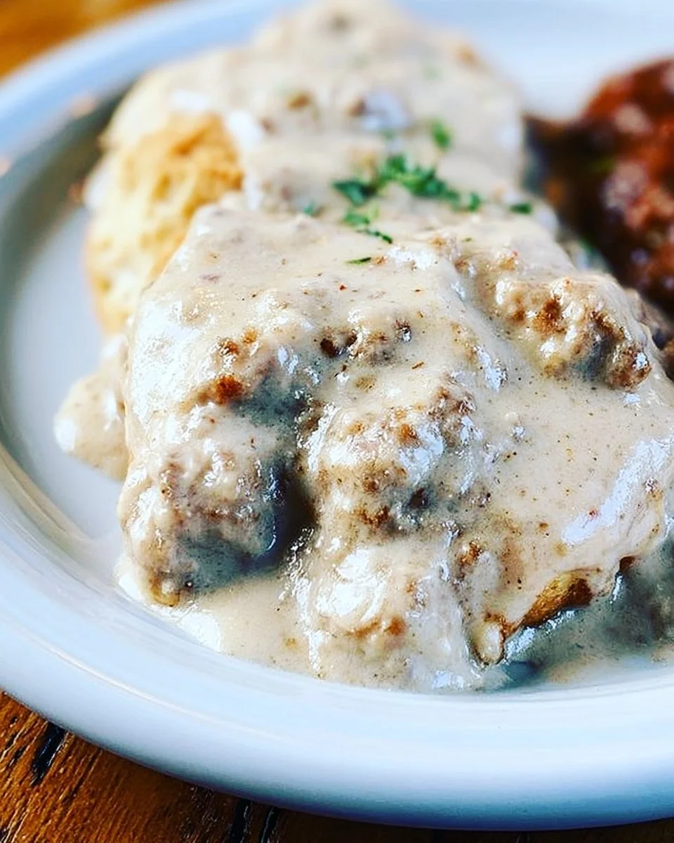 Bowl of slow cooker sausage gravy served over biscuits
