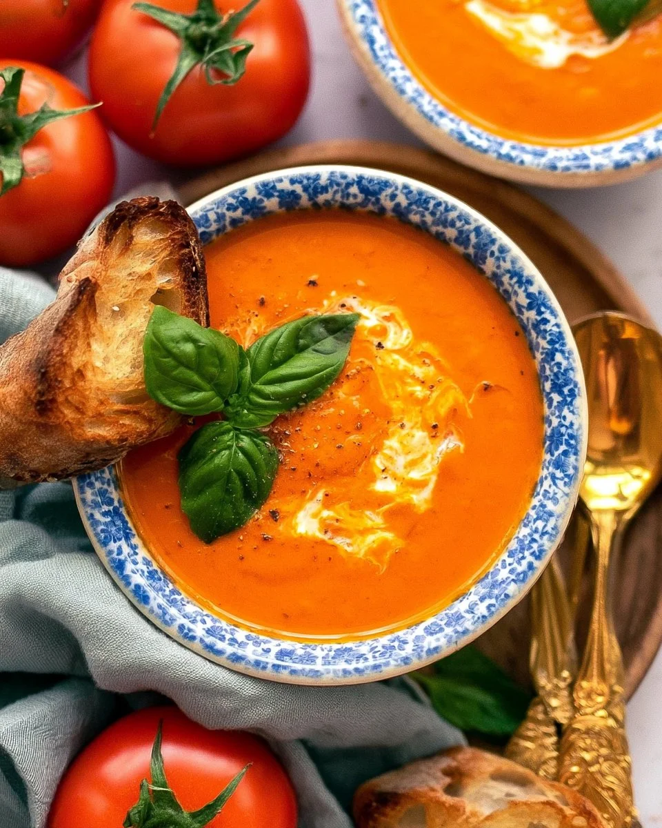 Bowl of slow cooker tomato soup with fresh tomatoes garnished with basil.