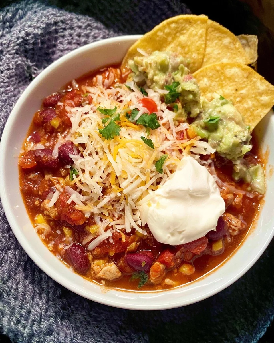 Bowl of slow cooker turkey chili garnished with cilantro and lime