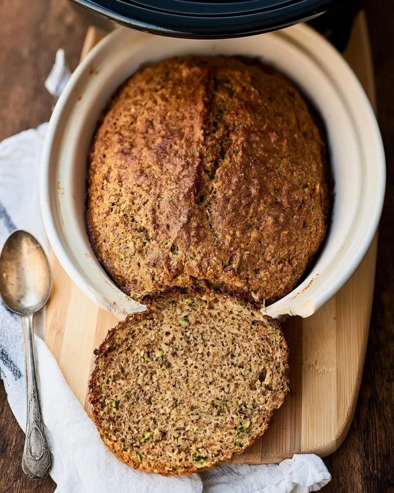 Delicious slow cooker zucchini bread slice on a plate with fresh zucchini.