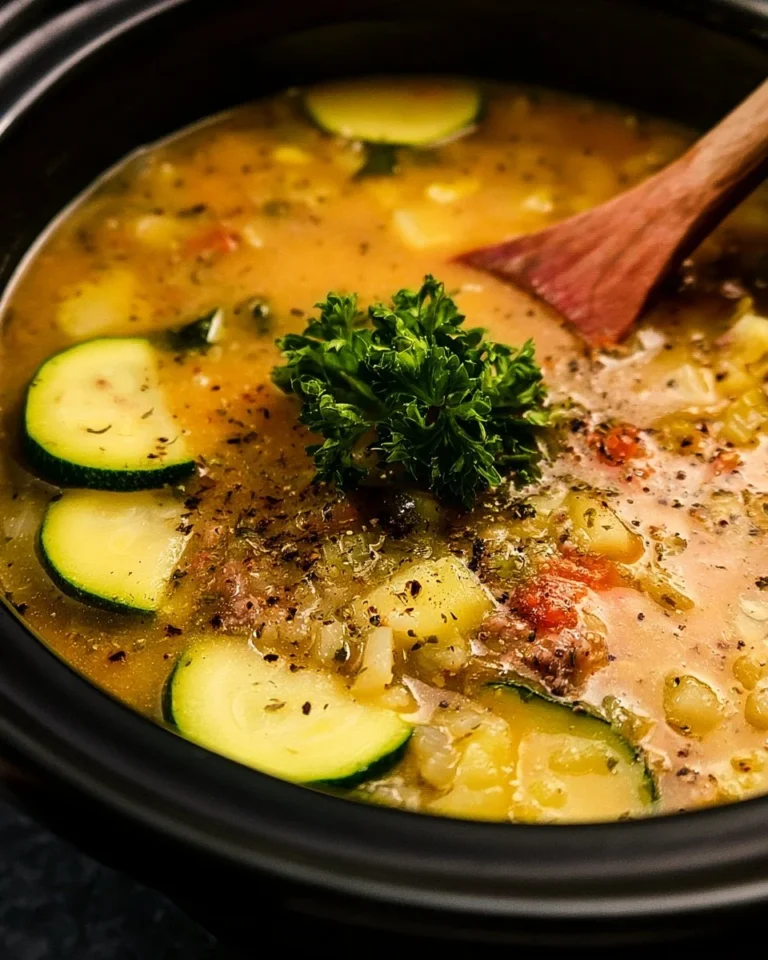 Bowl of slow cooker zucchini soup garnished with herbs