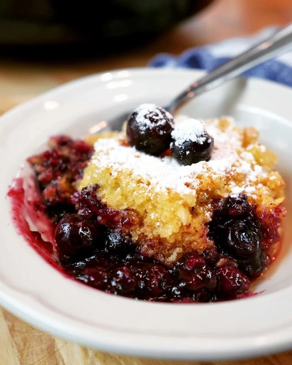 Delicious crockpot blueberry dessert served in a bowl with fresh blueberries