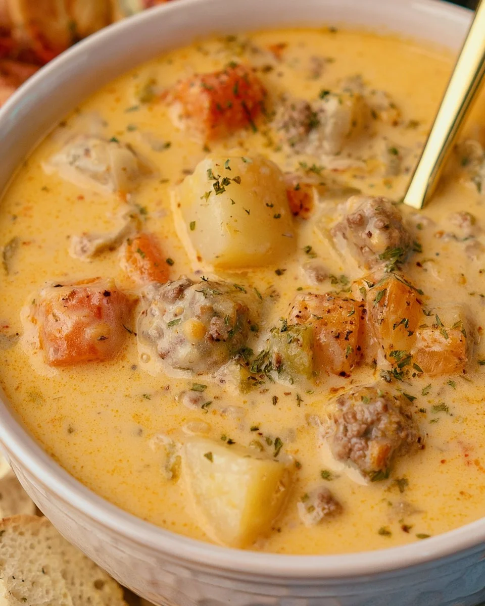 Bowl of delicious crockpot cheeseburger soup garnished with cheese and herbs.