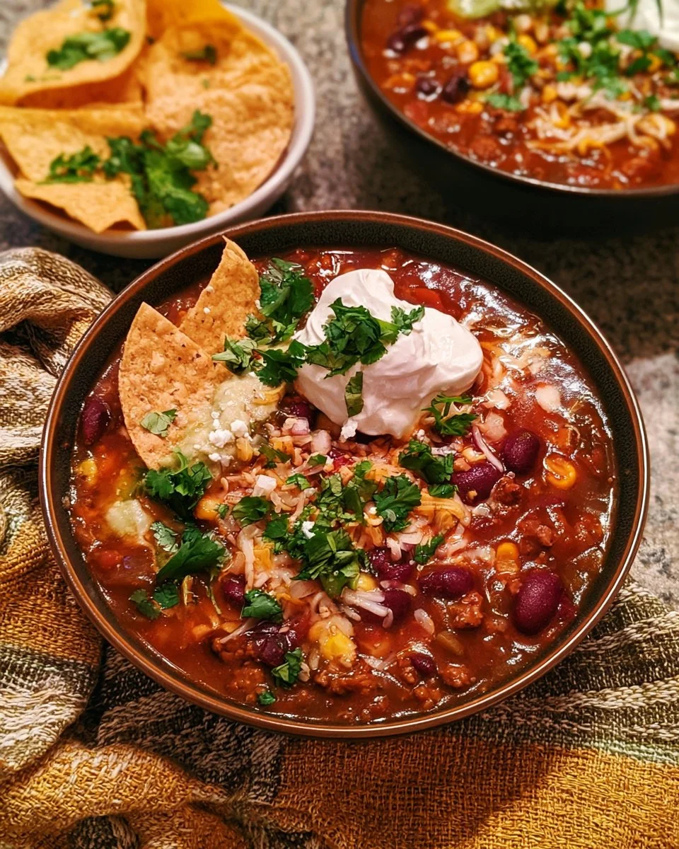 Bowl of slow cooker taco soup topped with cheese and cilantro