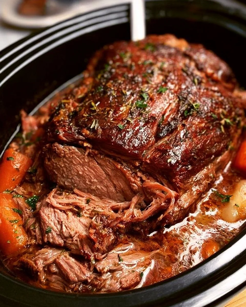 Delicious slow cooker roast served with vegetables and herbs
