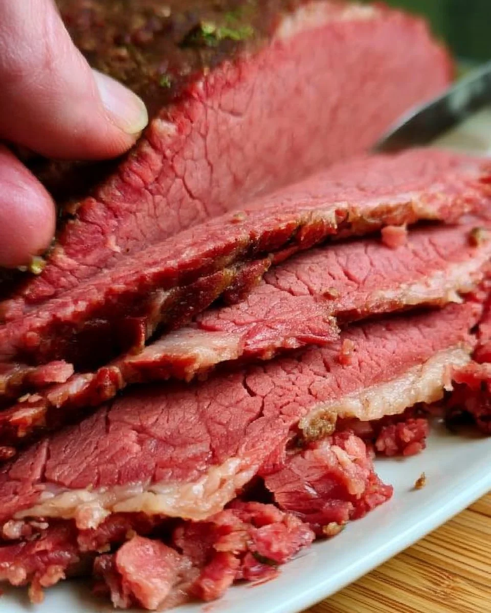 Homemade corned beef ready to be sliced and served with side dishes