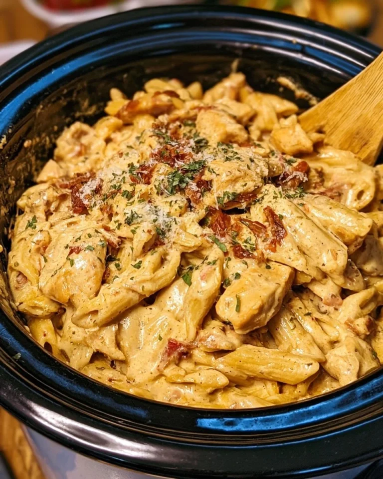 Creamy Marry Me Chicken Pasta in a slow cooker with fresh herbs and ingredients