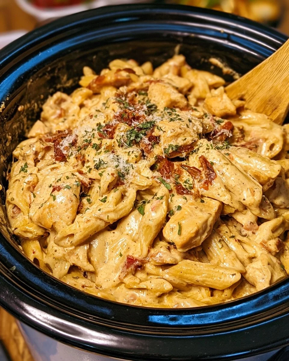 Creamy Marry Me Chicken Pasta in a slow cooker with fresh herbs and ingredients