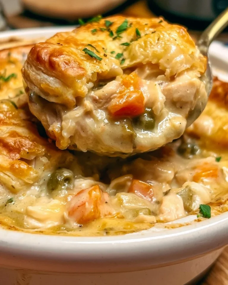 Delicious Crock Pot Chicken Pot Pie ready to serve, filled with chicken and vegetables.