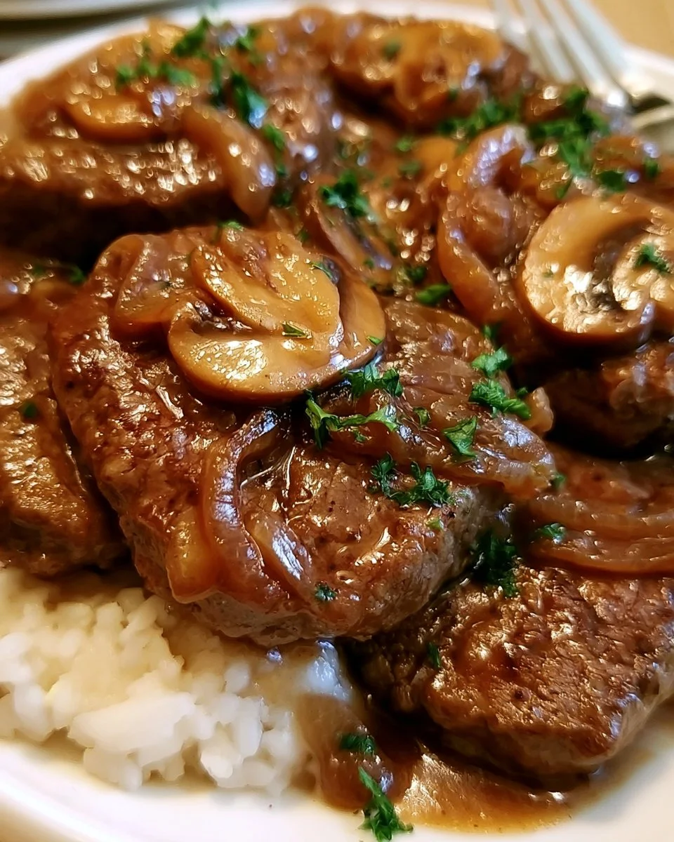 Crock Pot cube steak sizzling in a savory sauce with vegetables.