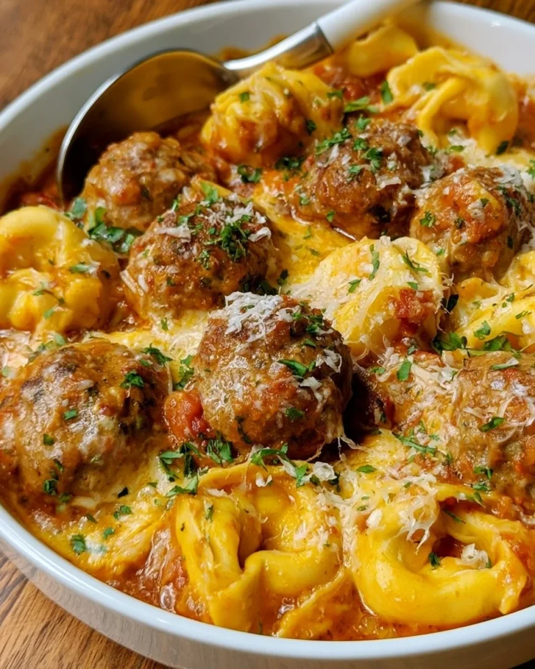 Crock Pot meatballs and tortellini served in a bowl with sauce