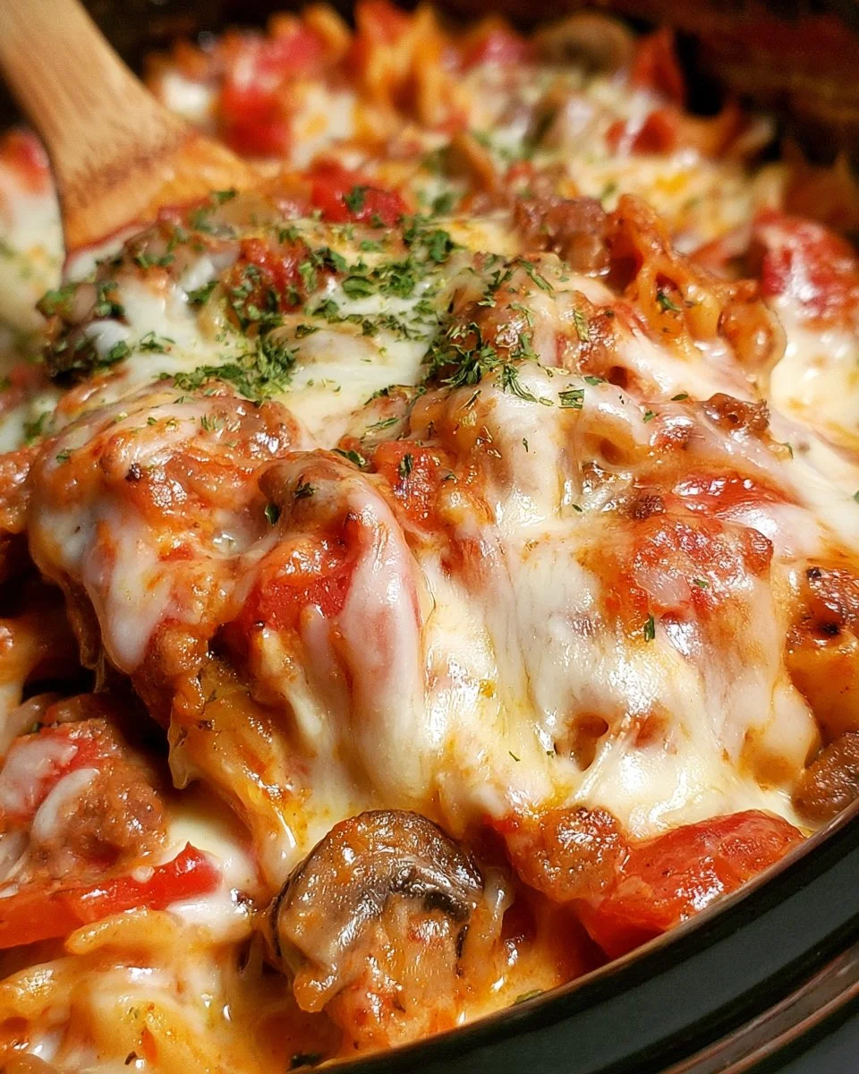 Delicious Crock Pot pizza casserole served on a dinner plate