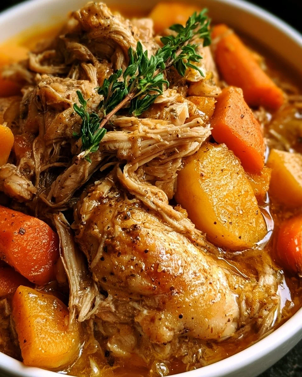 Easy crockpot chicken pot roast served in a bowl with vegetables and herbs.