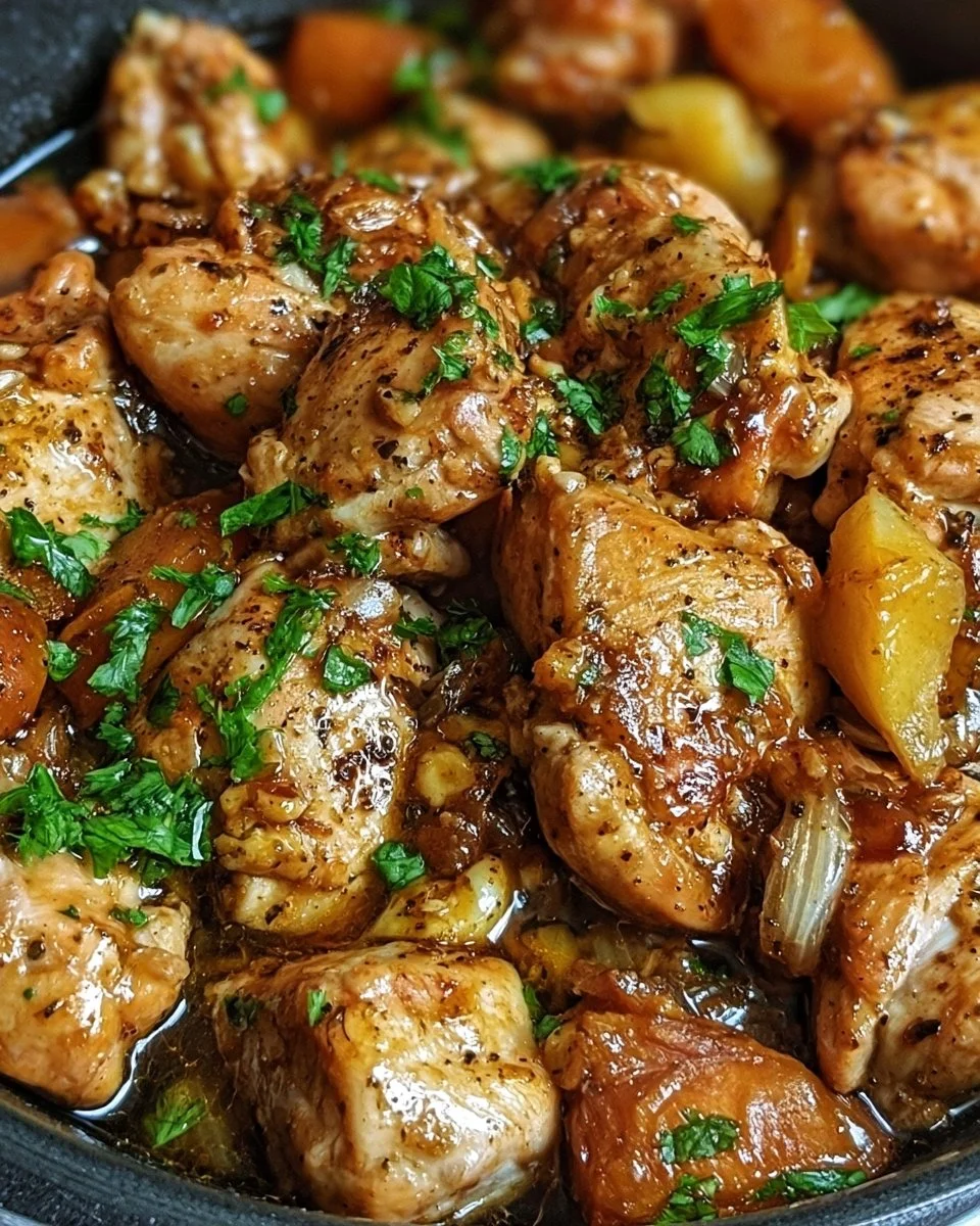Delicious garlic butter chicken served on a plate with herbs