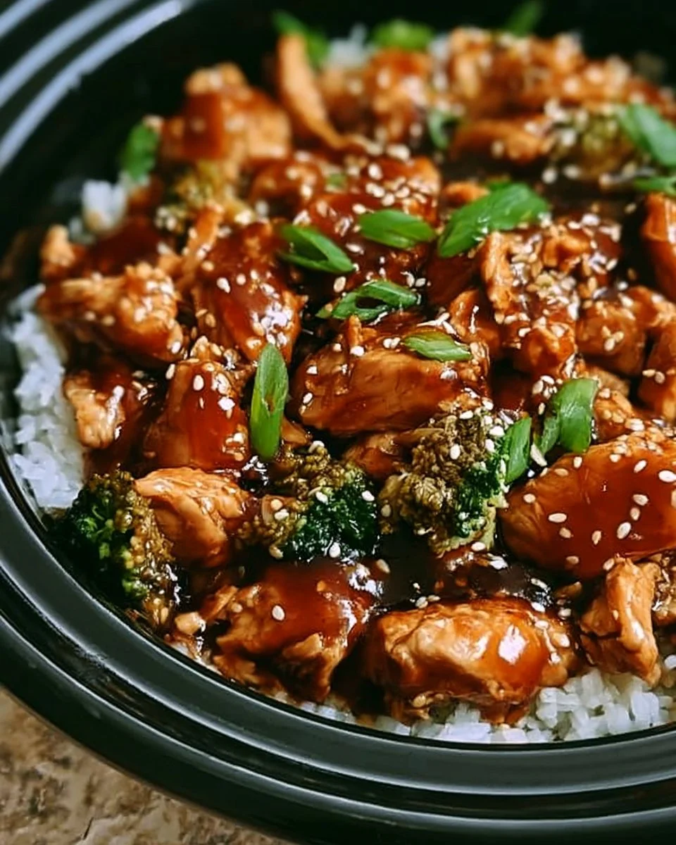 Delicious slow cooker teriyaki chicken served with rice and vegetables