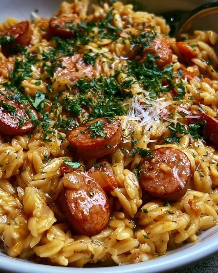 One-pot garlic butter sausage and orzo dish with herbs and spices