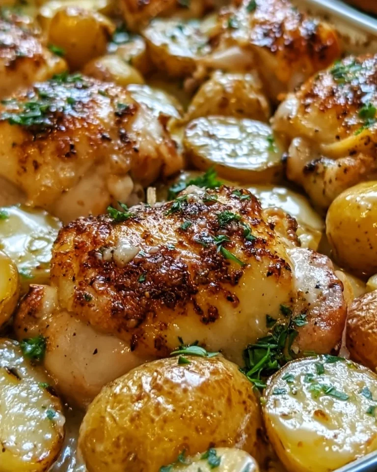 Plate of Garlic Parmesan Chicken Thighs with crispy potatoes