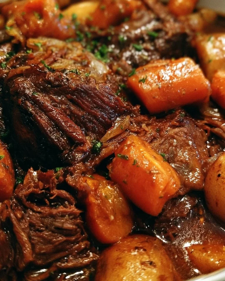 Hearty pot roast with tender carrots in a delicious gravy