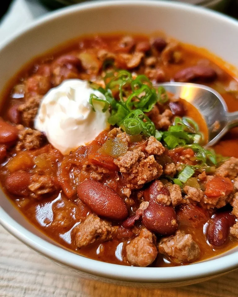 Delicious ingredient crockpot chili served in a bowl with toppings.