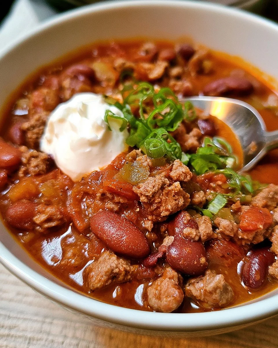 Delicious ingredient crockpot chili served in a bowl with toppings.