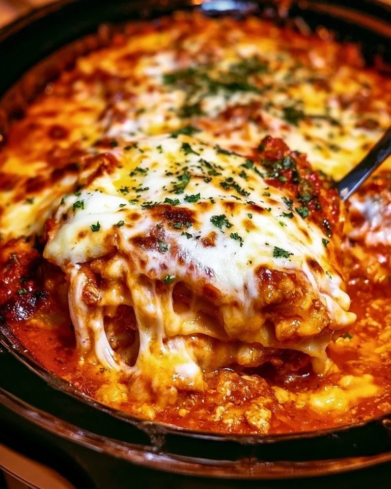 Delicious and cheesy Crockpot Lasagna garnished with fresh basil