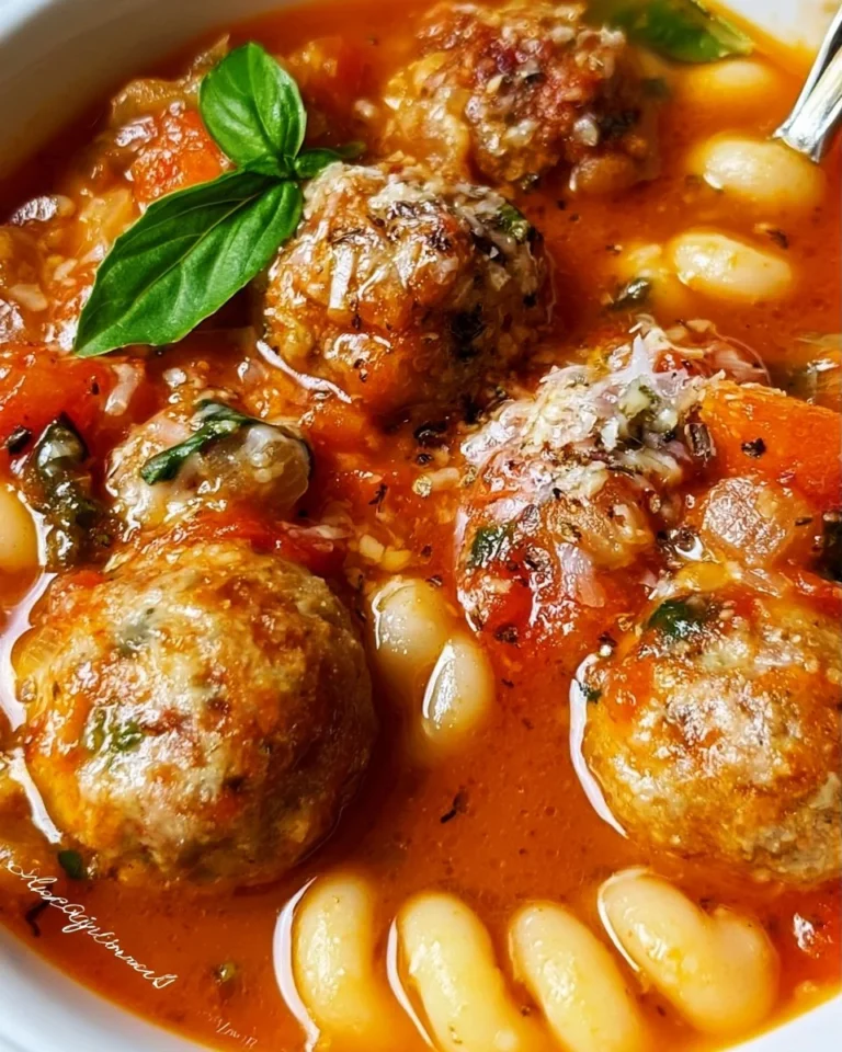 Bowl of Italian meatball soup topped with fresh herbs and parmesan cheese