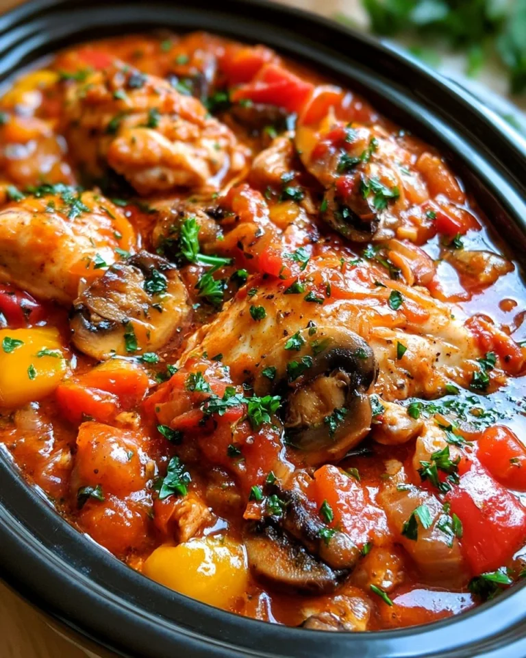 Delicious slow cooker chicken cacciatore served with fresh herbs and vegetables
