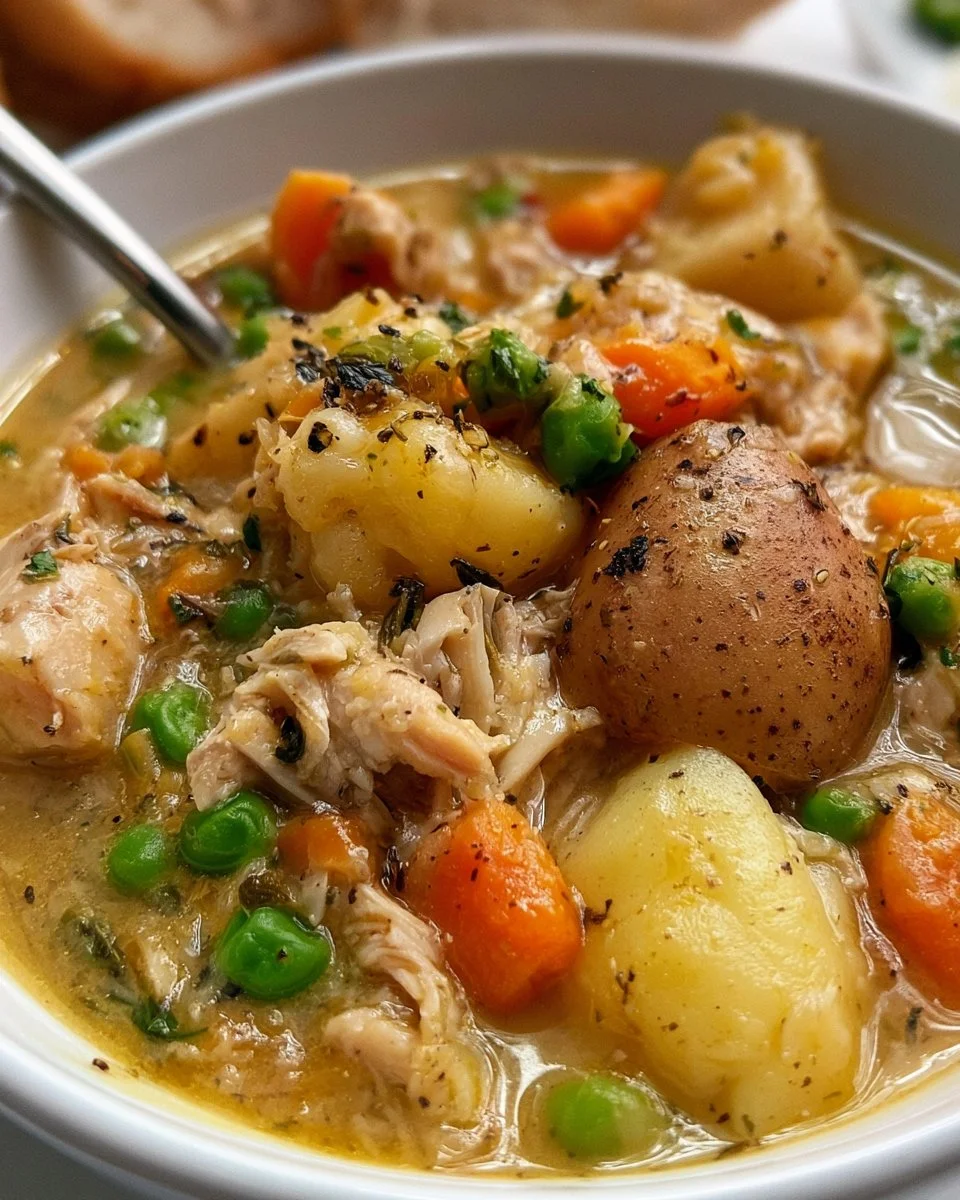 Delicious slow cooker chicken stew with vegetables and herbs in a bowl