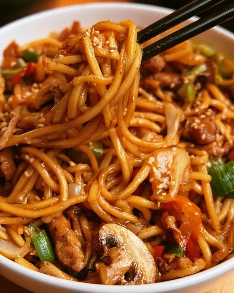 Slow Cooker Lo Mein with colorful vegetables and noodles in a bowl