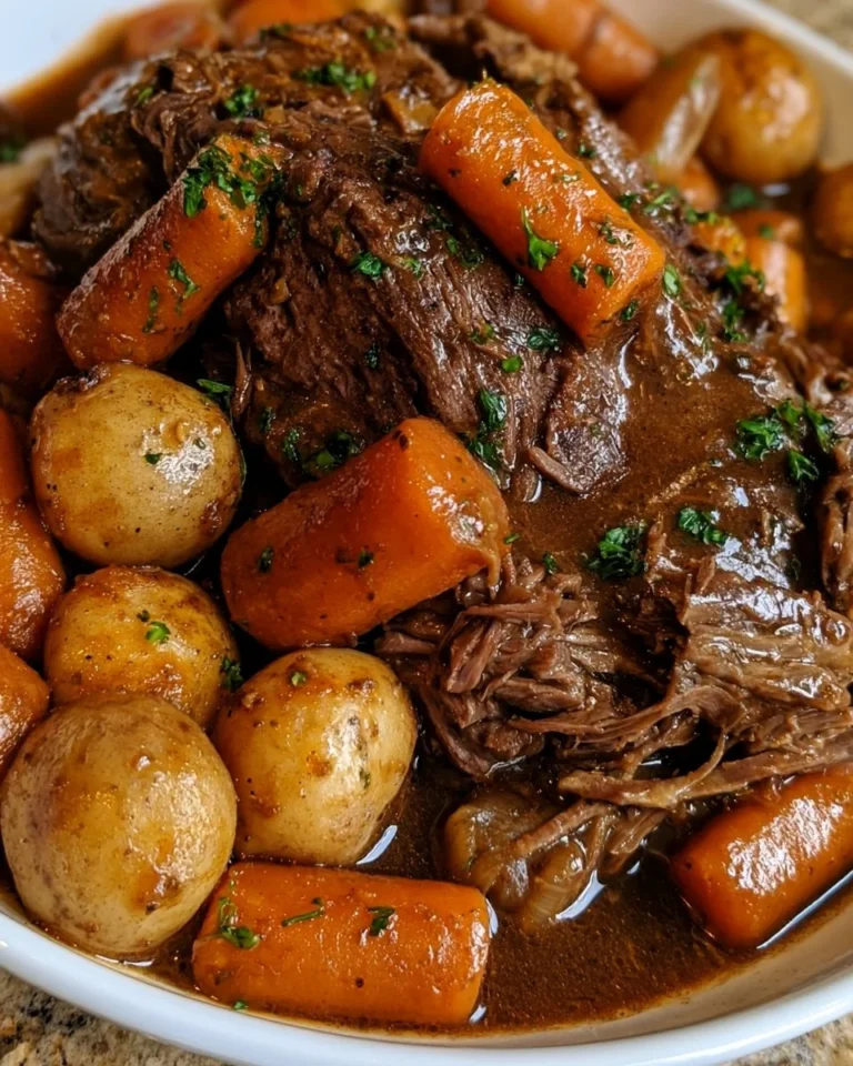 Delicious slow cooker pot roast served with rich gravy on a plate.
