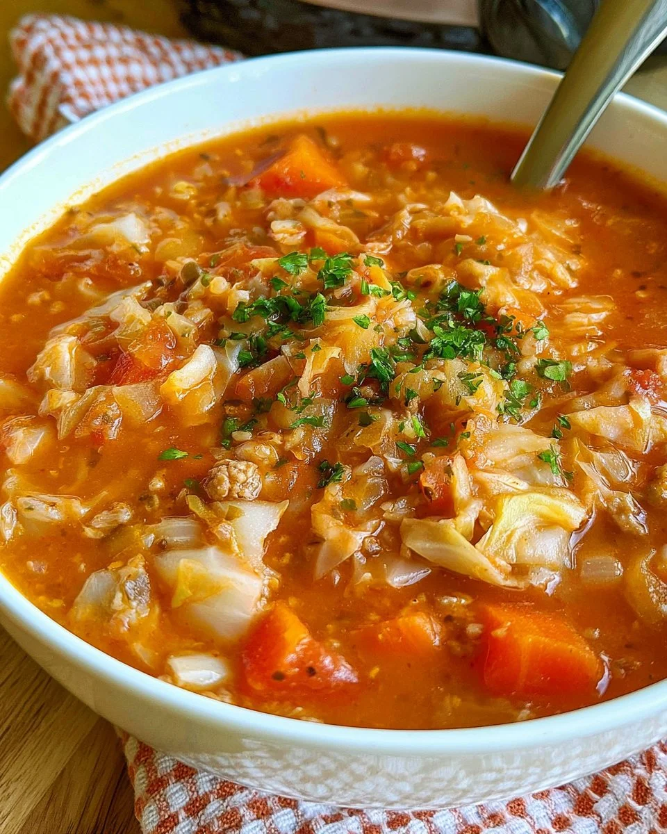 Bowl of slow cooker stuffed cabbage soup topped with fresh herbs.